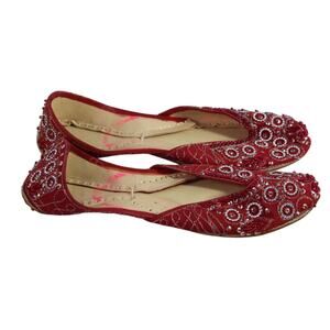Women’s Red Beaded Embroidered Flats Slip On Traditional Ethnic Shoes Size 9